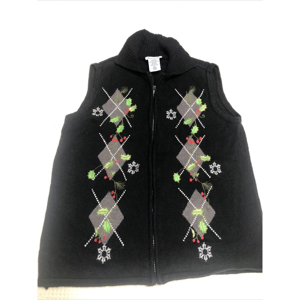 Blair Argyle Holly Berry Snowflake Zip Front Knit Sweater Vest Women's Small